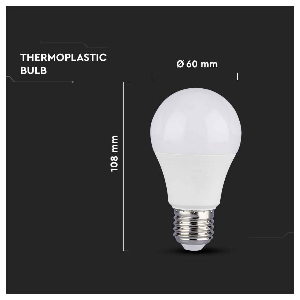 Productdiagram van een thermoplastische LED-lamp met aangegeven afmetingen: 108 mm hoog en 60 mm breed.