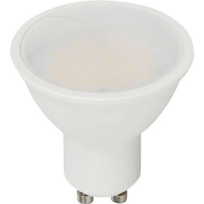Witte LED-spotlightlamp met een brede reflector en twee metalen basispennen, weergegeven op een effen achtergrond.