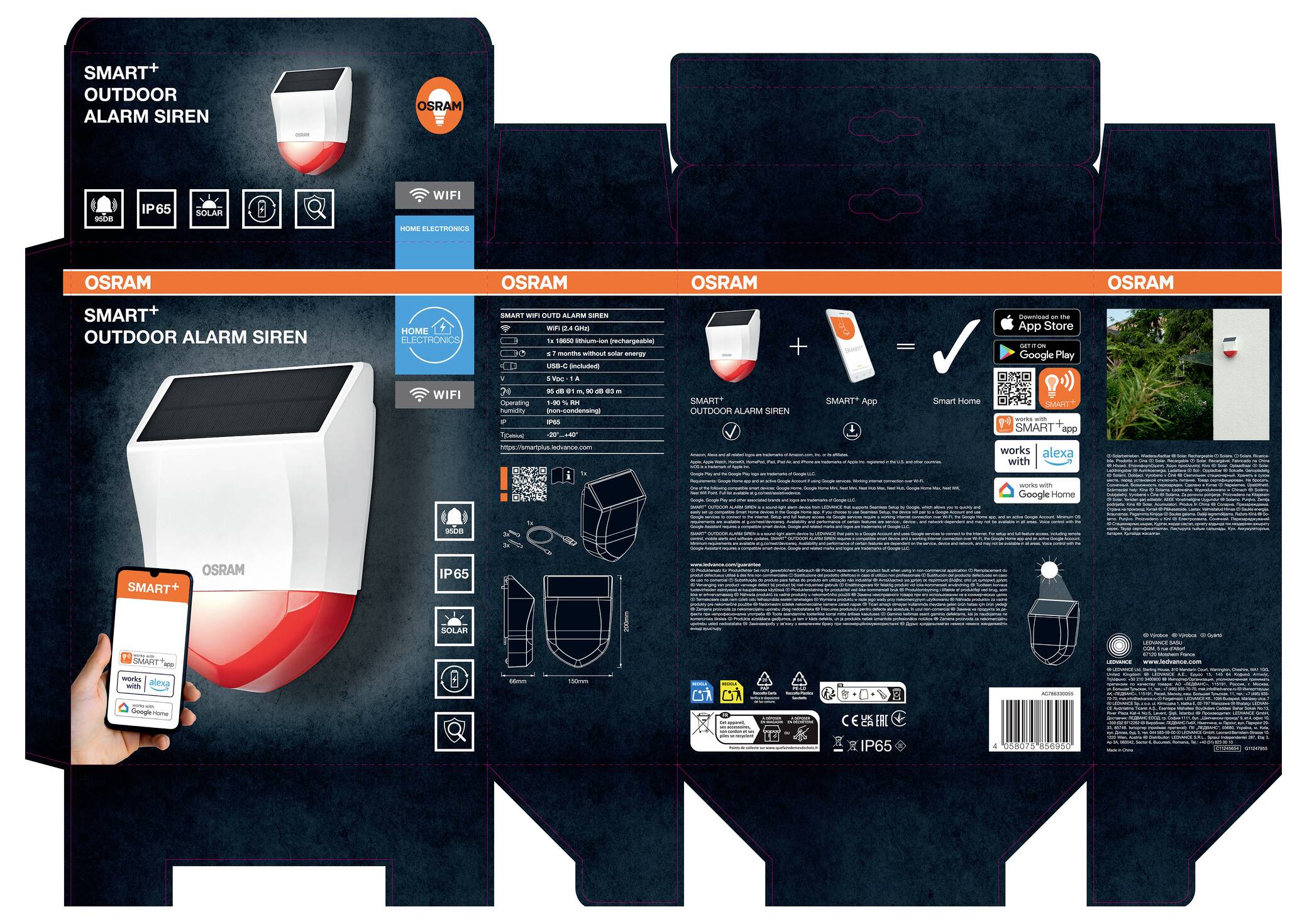 OSRAM SMART+ buitenalarmsirene verpakking, waarin het apparaat, smartphone-appbediening, functie-iconen, instellingsstappen en productspecificaties worden weergegeven.