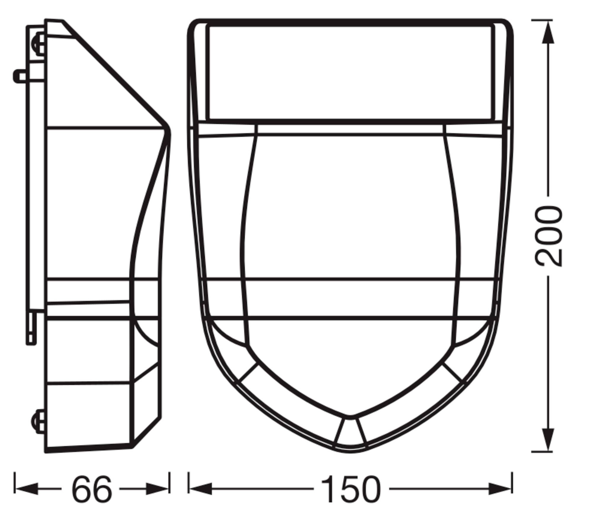 Technische tekening van een aan de muur bevestigde armatuur weergegeven in voor- en zijzicht, met afmetingen van 150 mm breed, 200 mm hoog en 66 mm diep.