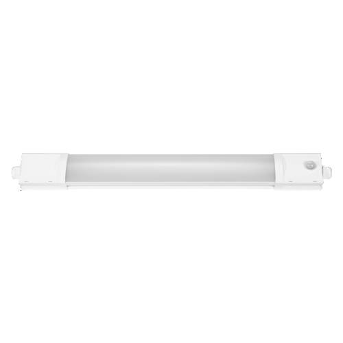 Witte LED-buislamp met geïntegreerde sensor op een effen witte achtergrond.