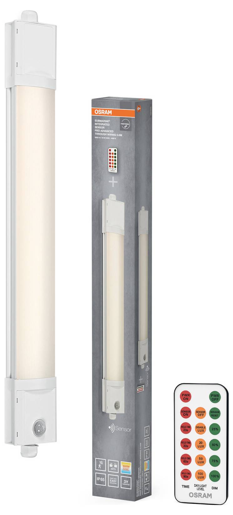 OSRAM LED-verlichtingsarmatuur met afstandsbediening, weergegeven als een aan de muur gemonteerde buislamp en de productverpakking ervan.