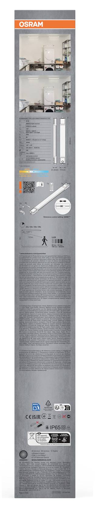 OSRAM verpakte LED-buislamp, weergegeven met productfoto's, specificaties, installatiehandleiding en technische details op een hoog grijs doosje.