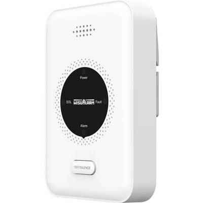 Witte aan de muur gemonteerde WisaAlarm rookmelder met centraal zwart statuspaneel met labels Power, EOL, Fault, Alarm en een TEST/SILENCE knop
