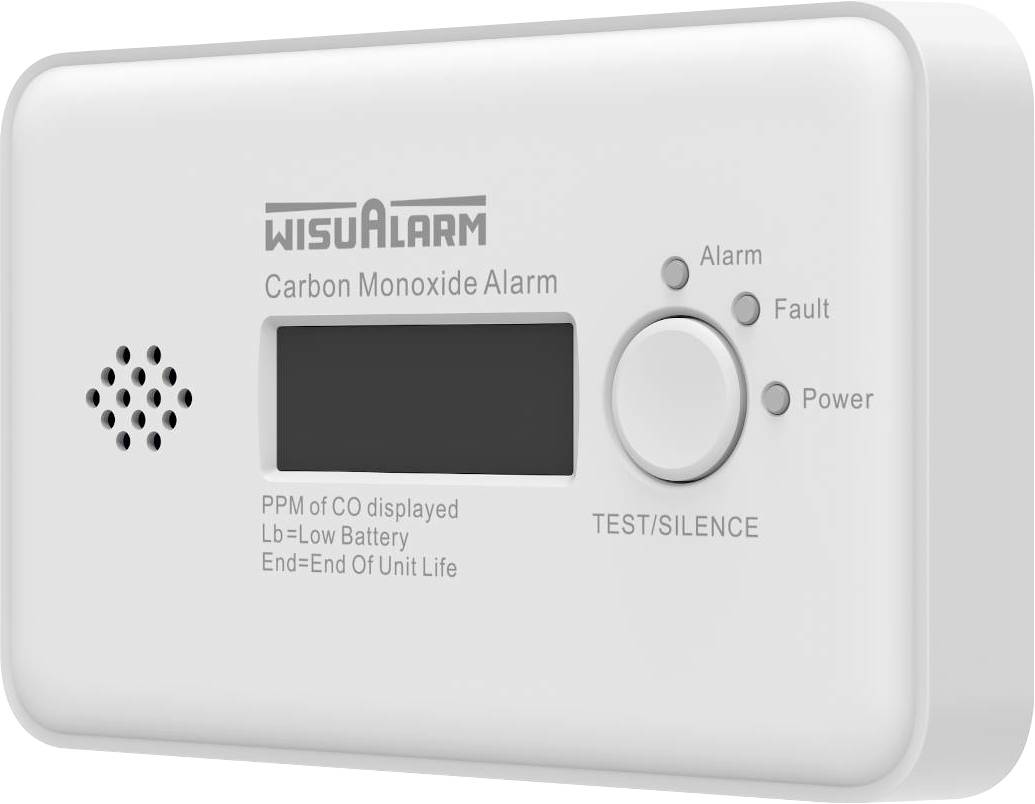Wit koolmonoxidealarm met display, test-/stille knop, luidsprekeropeining en indicatorlampjes voor alarm, storing en voeding.