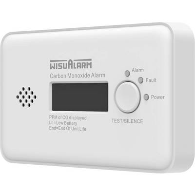 Wit koolmonoxidealarm met display, test-/stille knop, luidsprekeropeining en indicatorlampjes voor alarm, storing en voeding.