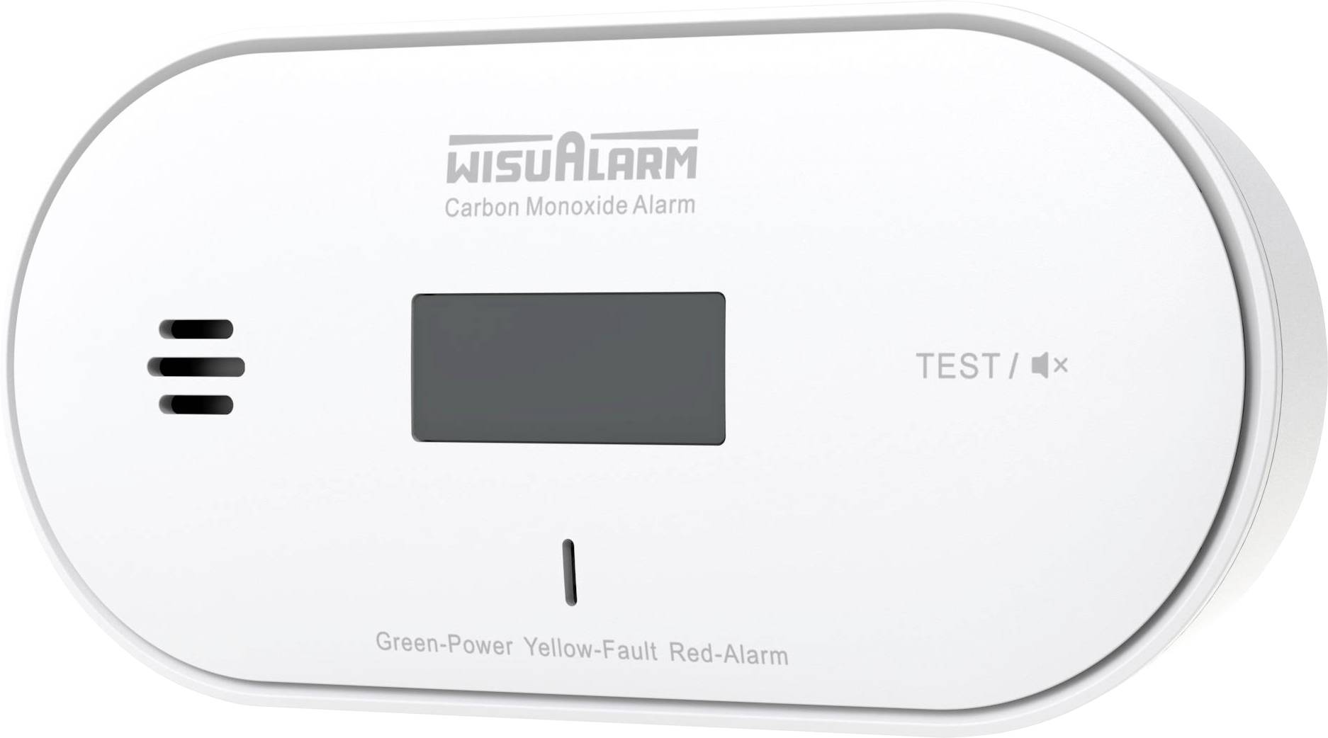 Wit WisuAlarm koolmonoxidealarm met centraal display, testknop, luidspreker-ventilatieopeningen en status-LED; gelabeld Groen-Voeding Geel-Storing Rood-Alarm.