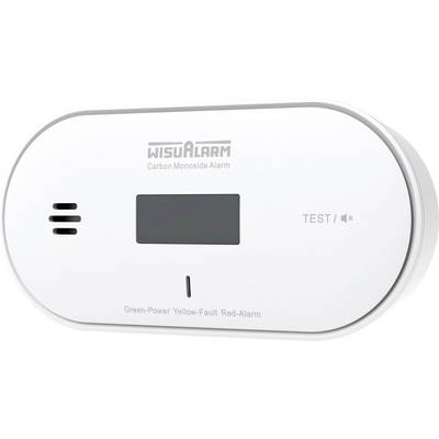 Wit WisuAlarm koolmonoxidealarm met centraal display, testknop, luidspreker-ventilatieopeningen en status-LED; gelabeld Groen-Voeding Geel-Storing Rood-Alarm.