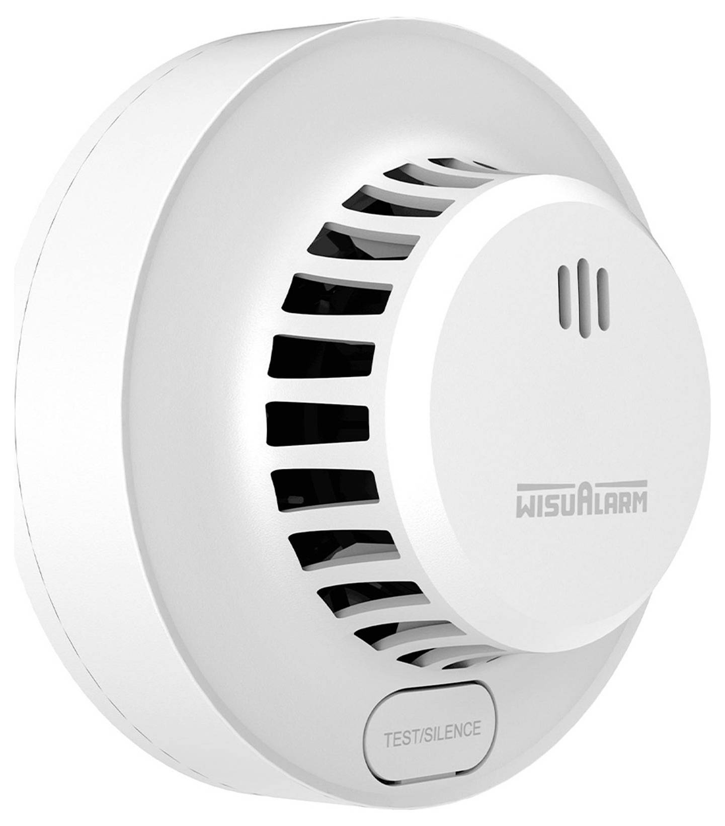 Witte WisAlarm rookmelder met TEST/SILENCE knop en statusventielen op een eenvoudige achtergrond.