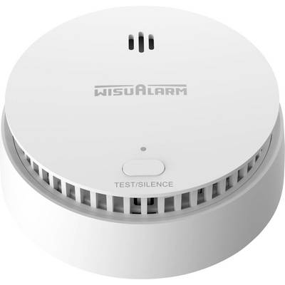 Witte WISUALARM rookmelder met TEST/SILENCE-knop en status-LED op een rond aan het plafond gemonteerd apparaat.
