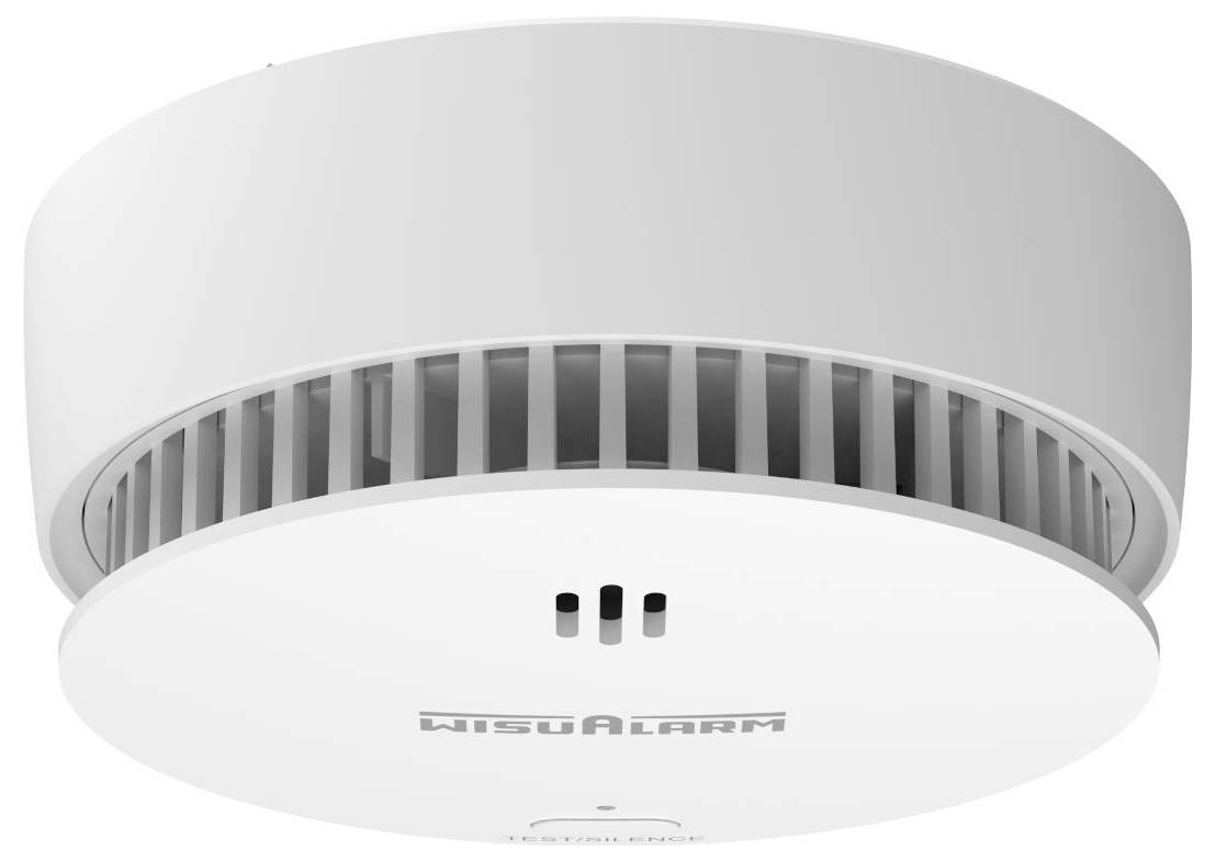White Wisualarm rookmelder met ventilatieopeningen aan de zijkant en drie statuslampjes aan de voorkant.