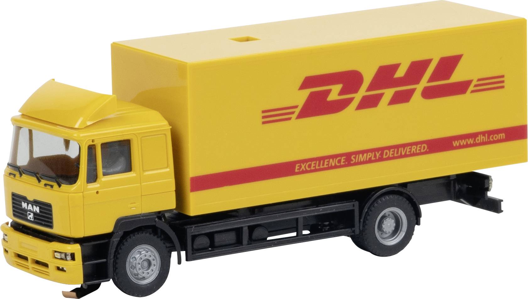 Geel DHL-bezorgwagen model met rood DHL-logo en 'Excellence. Simply delivered.'-tekst op de laadkist.