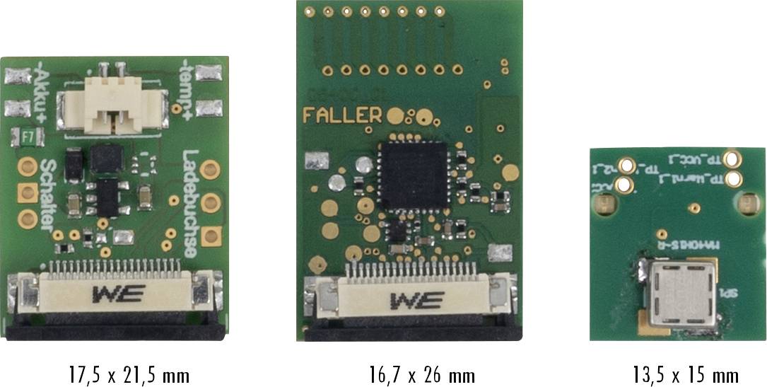 Drie kleine printplaten met connectoren en chips, gelabeld 17,5 x 21,5 mm, 16,7 x 26 mm en 13,5 x 15 mm.