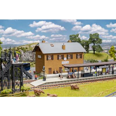 Modelspoorscène van een landelijk stationsgebouw met het label 'Tale o' the Halls', met perron, sporen, brug, miniatuurfiguren en koeien op de voorgrond.