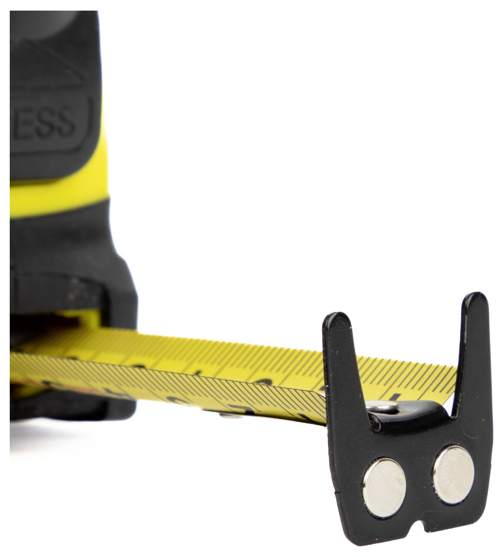 Nahaufnahme eines gelben Maßstabs mit ausgefahrenem Metallhaken aus einem schwarzen und gelben Gehäuse.