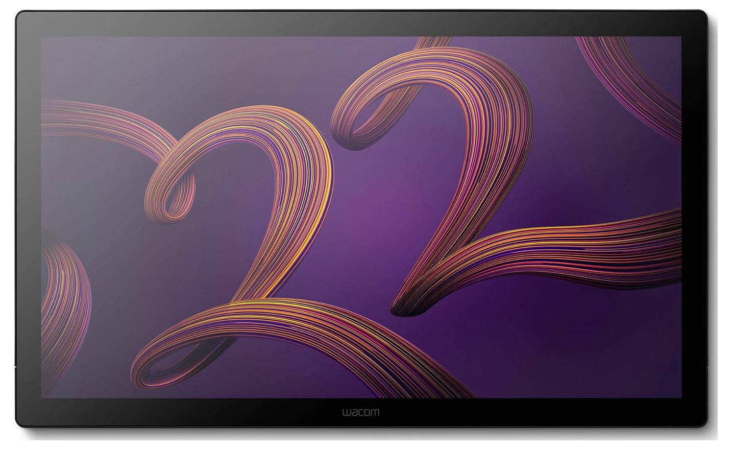 Zwarte Wacom-pentablet met een abstract oranje en roze lint-achtige cijfers op een paarse achtergrond.