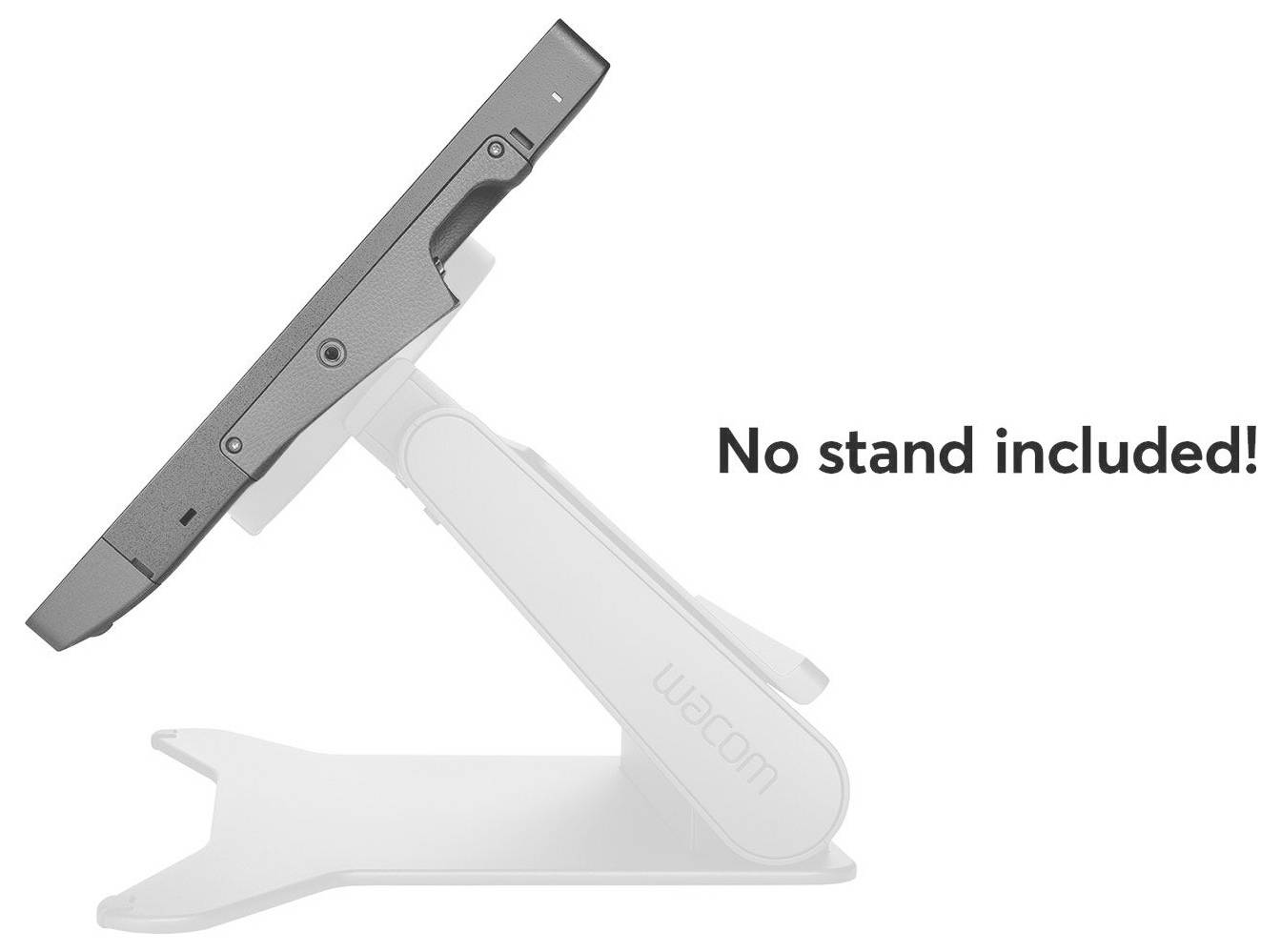 Tekenpad standaard getoond in gekantelde open positie, met tekst 'Geen standaard inbegrepen!' wat aangeeft dat de standaard niet bij het product inbegrepen is.