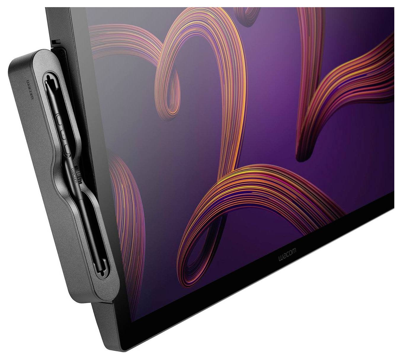 Wacom-grafische tablet met display met een penhouder bevestigd aan de linkerkant, weergegeven onder een hoek met abstracte oranje en paarse schermkunstwerk.