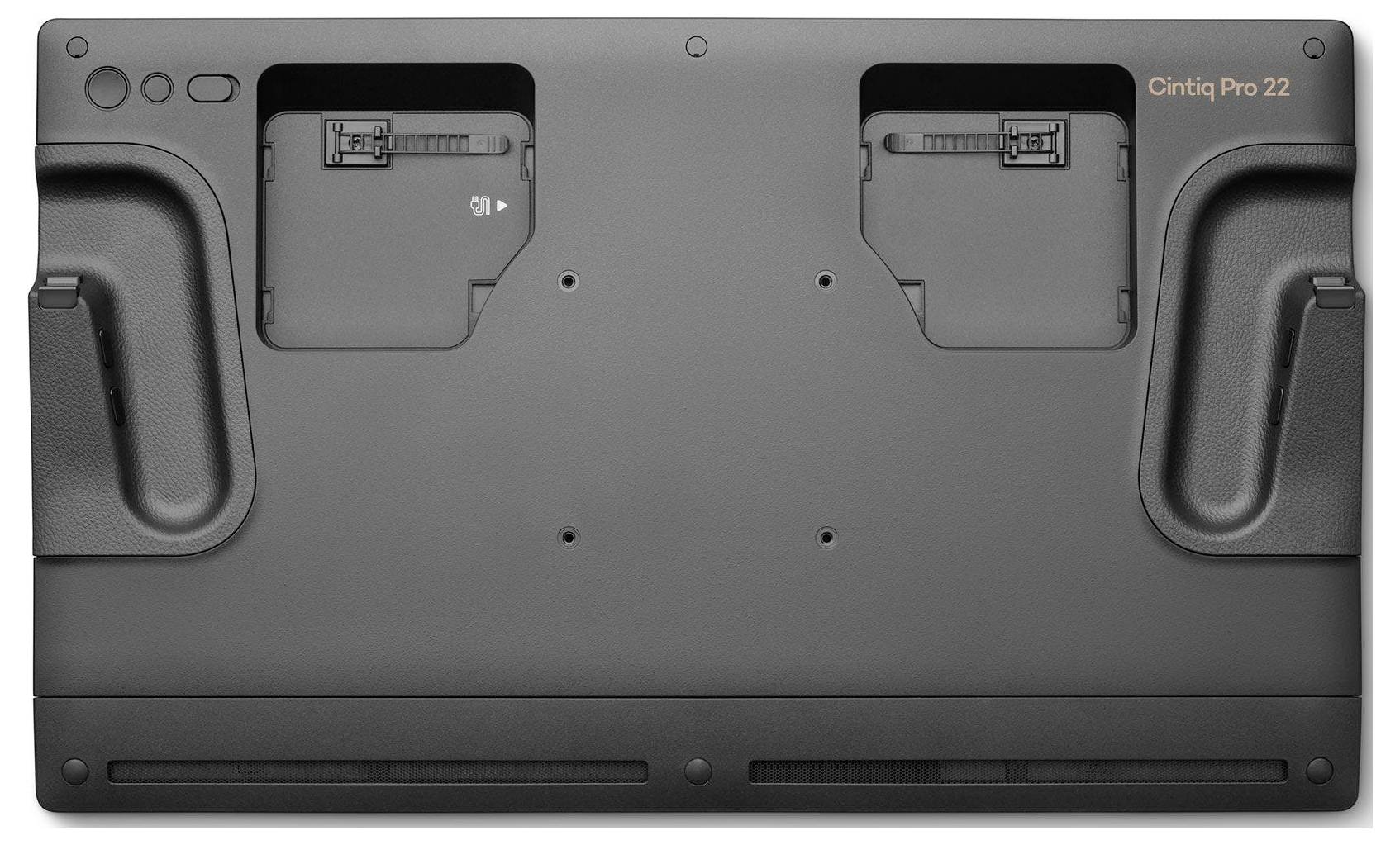 Achterkant van een Wacom Cintiq Pro 22 displaytablet, met statieve, kabelpoorten en bevestigingspunten.