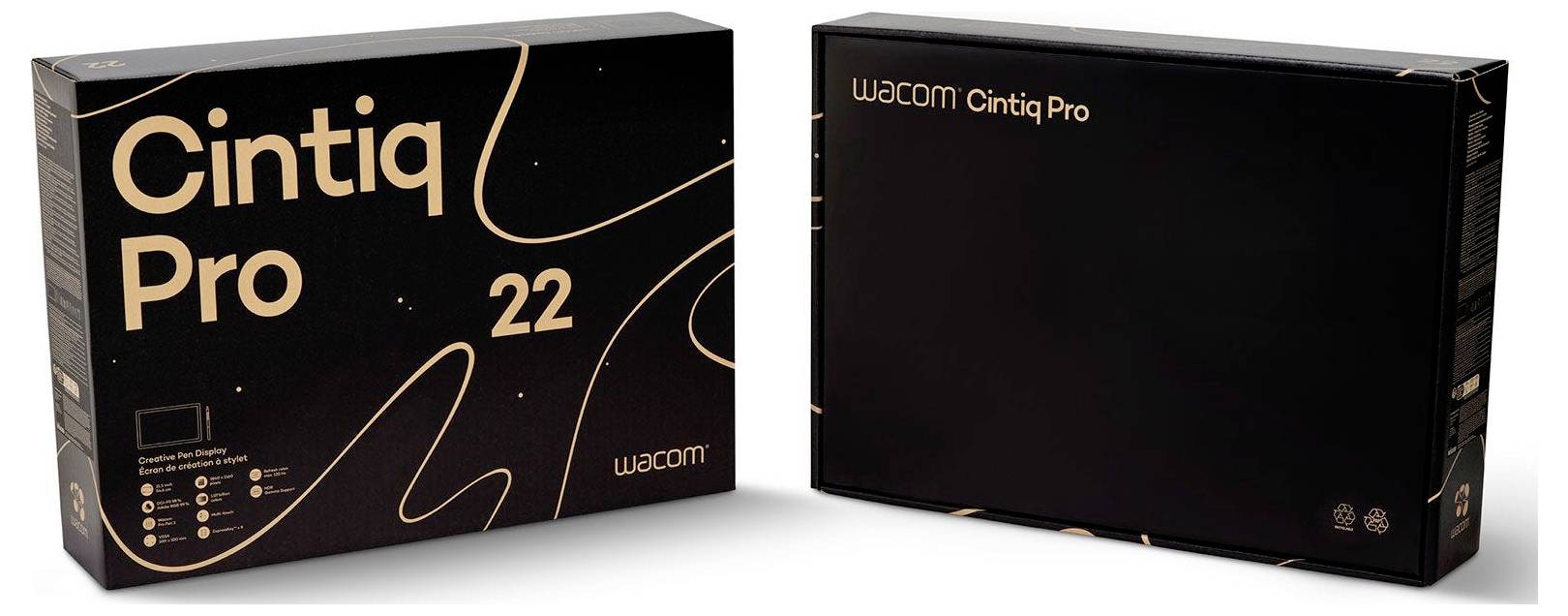 Twee Wacom Cintiq Pro 22 productdozen naast elkaar weergegeven, waarbij de voorste doos de modelnaam en lijntekeningen op een zwarte achtergrond toont.
