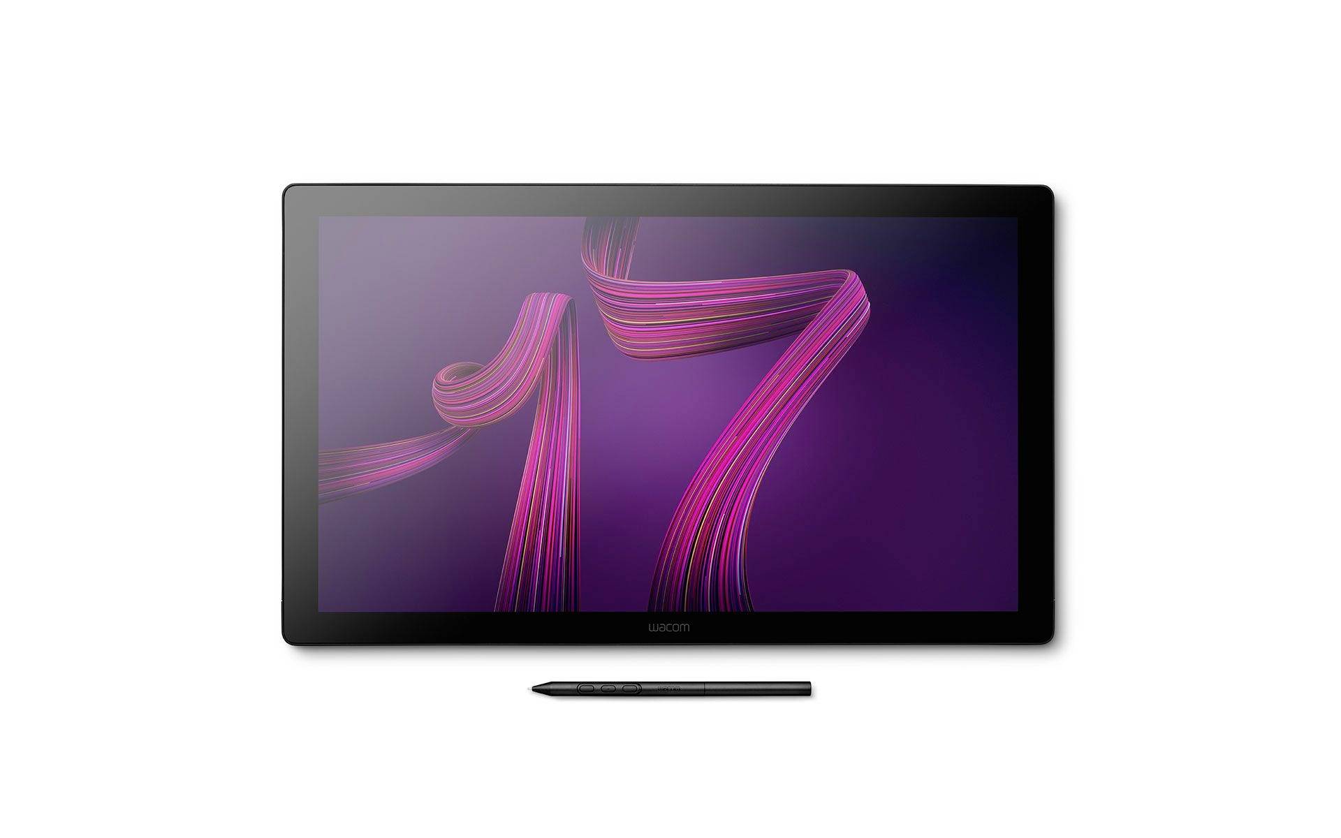 Een zwart tablet toont een roze abstract '17' op een paarse achtergrond, met een stylus eronder gecentreerd.