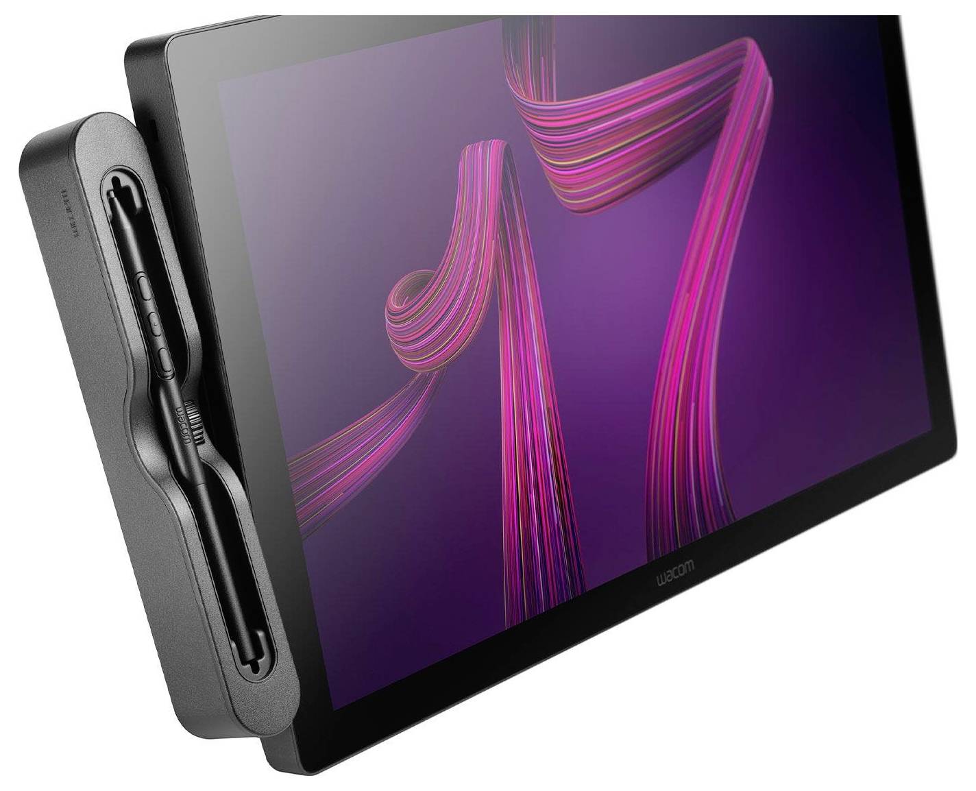 Digitale tekentablet met een stylus in een dock aan de zijkant, met een paars abstract grafisch ontwerp op het scherm.