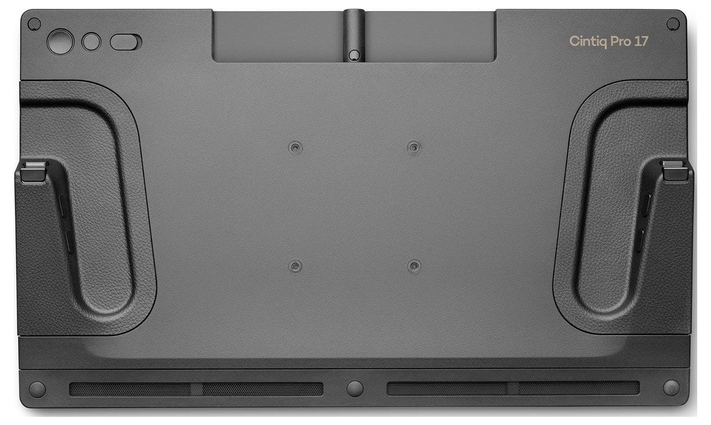 Achterkant van een Wacom Cintiq Pro 17 tekenscherm met VESA-bevestigingsgaten, kabelgleuf en zijgrepen.