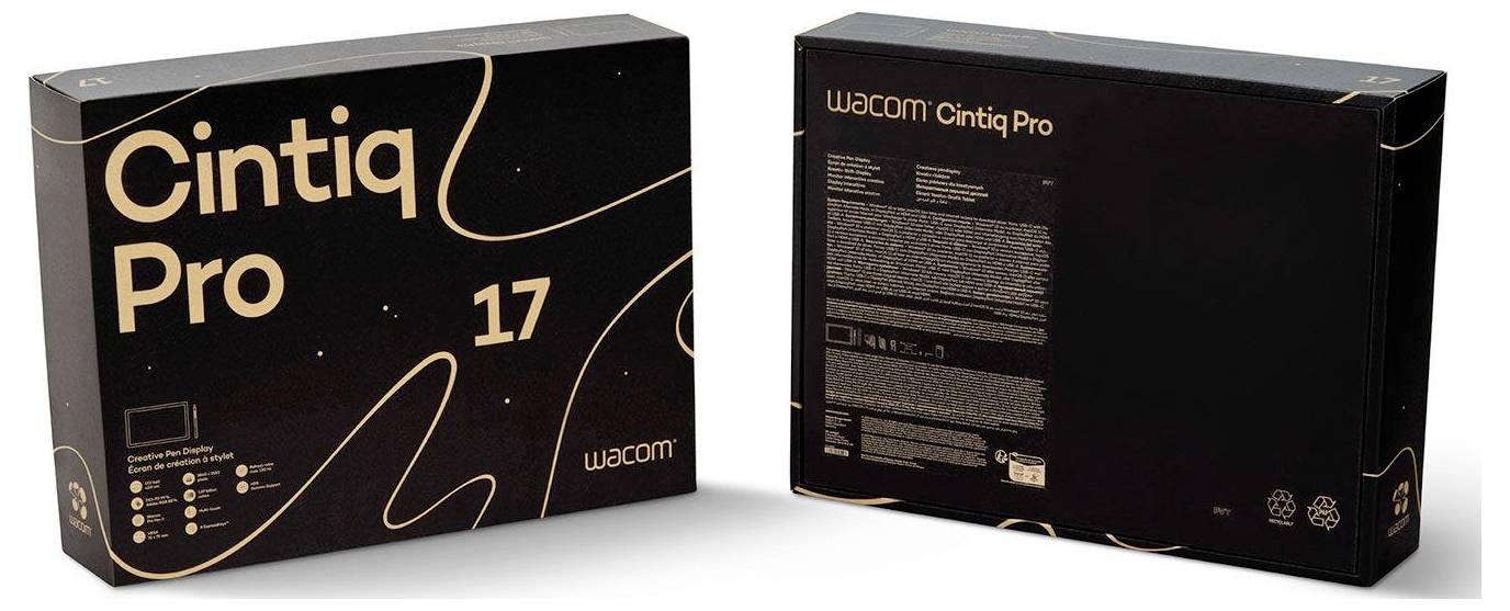 Wacom Cintiq Pro 17 productdoos weergegeven van voor en achter, zwarte verpakking met goudtekst en lijnartwerk.
