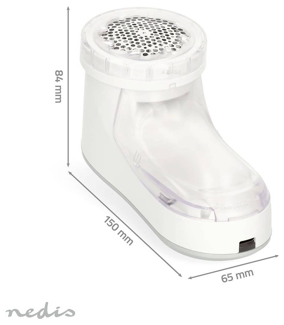 Productafbeelding van een doorzichtige schoen-vormige stoffentrimmer met afmetingen aangeduid met 84 mm hoog, 150 mm lang en 65 mm breed.