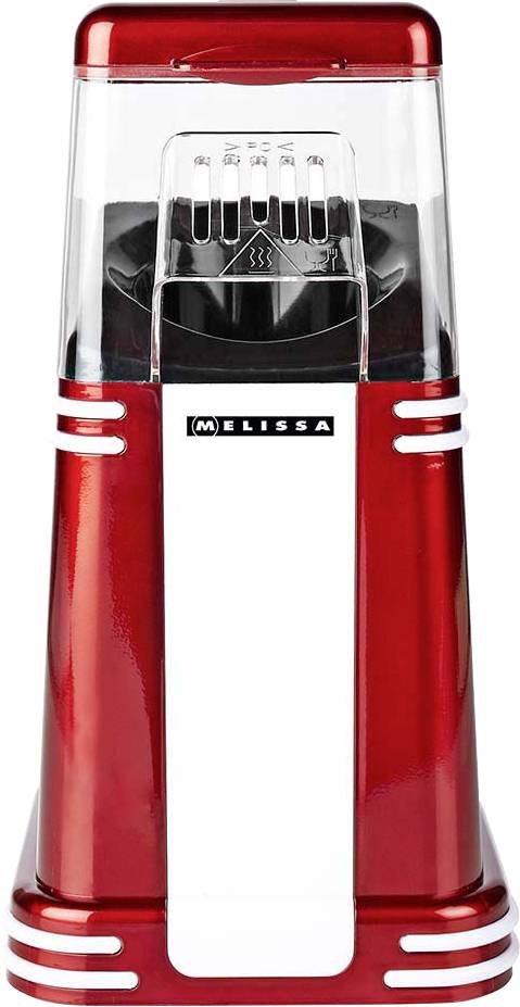 Rood en wit Melissa aanrechtapparaat met een transparant bovenstuk, een voorraampje en een elegant retro-ontwerp op een witte achtergrond.