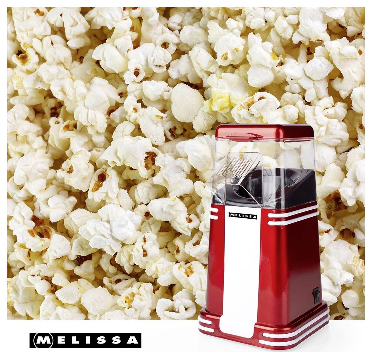 Rode Melissa popcornmachine voor een achtergrond van gepopte popcorn, met 'MELISSA' branding onderaan.