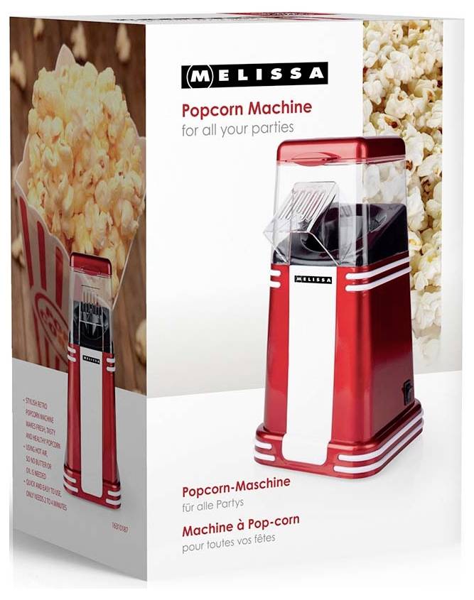 Melissa popcornmachine productdoos, met een rode aanrechttop popcornmaker met een duidelijk deksel en popcornafbeeldingen, gelabeld 'Popcornmachine voor al uw feestjes' en 'Machine à Pop-corn'.
