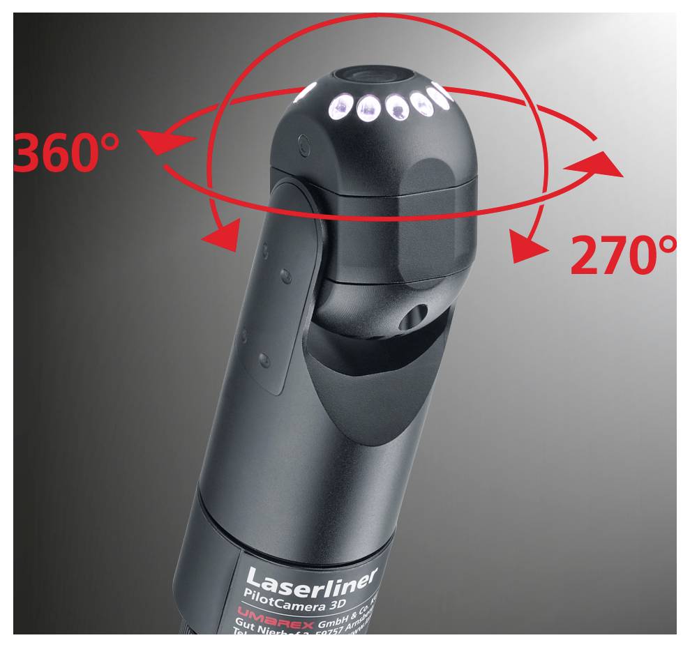 Productfoto van een Laserliner PentaCamera 3D met rode pijlen die 360° horizontale en 270° verticale rotatie rond het camerahoofd tonen.