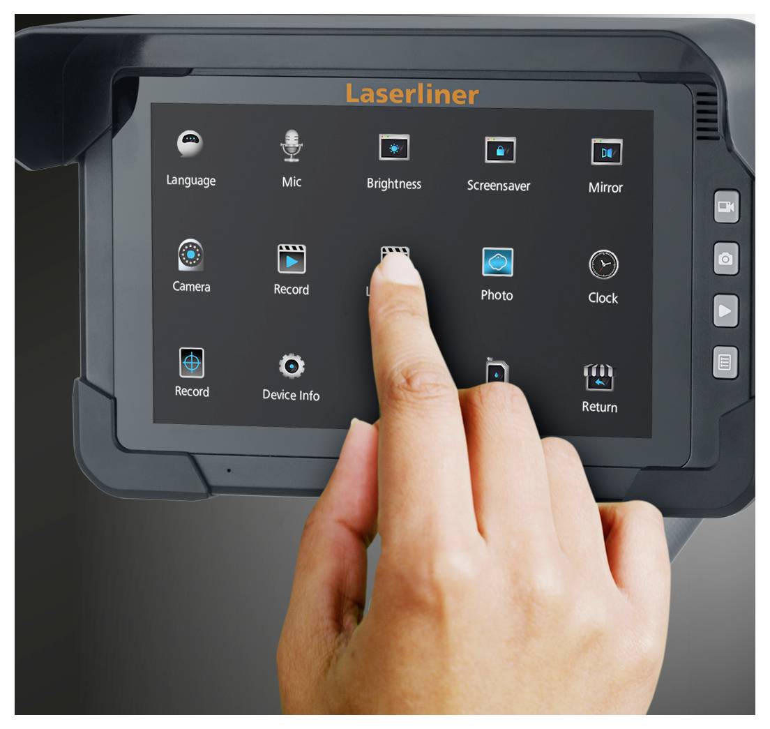 Hand tikt op het 'LED' menu-icoon op een Laserliner-touchscreenapparaat met instellingen zoals Taal, Microfoon, Helderheid, Schermbeveiliging, Camera, Foto, Klok en Terug.