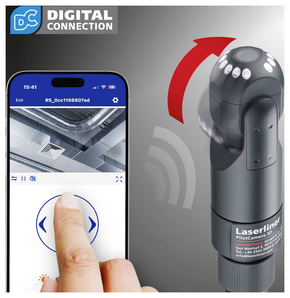 Smartphone-app bestuurt een Laserliner inspectiecamera, met live beeld en veegnavigatie voor extern bekijken.