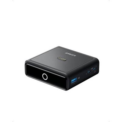 Compacte zwarte Anker dockingstation met USB-C-poort aan de voorkant, USB-A-poorten aan de zijkant en een gloeiende ronde stroomindicator.