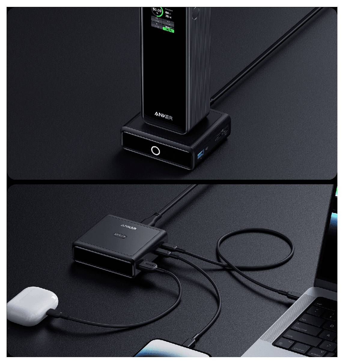 Anker USB-C laadstation laadt een telefoon op en verbindt met een laptop en andere apparaten via meerdere kabels.