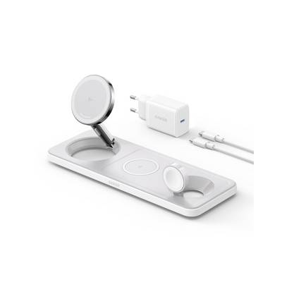 Anker MagSafe-stijl draadloos oplaadstation en -pad op een oplaadschaal, met wandadapter en USB-C-kabel ernaast weergegeven.