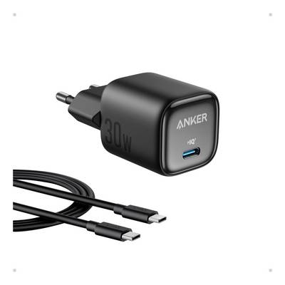 Zwarte Anker 30W USB-C wandlader met stekker en inbegrepen USB-C-kabel weergegeven op een witte achtergrond.