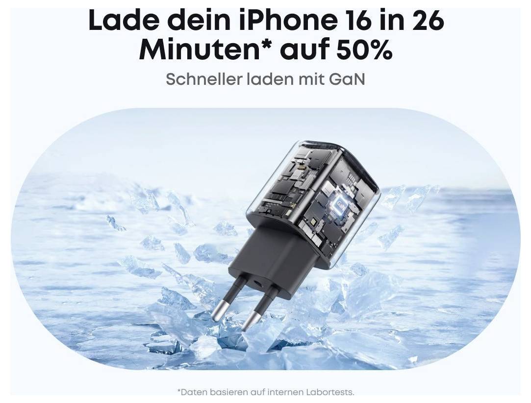 Laad je iPhone 16 in 26 minuten* tot 50%<br><br>Sneller laden met GaN
