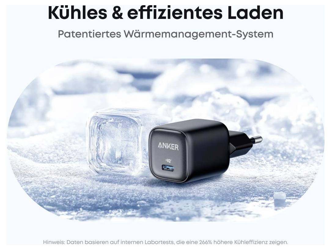Promotiemateriaal van een Anker-lader op ijs, met de nadruk op 'koel en efficiënt opladen' met een gepatenteerd thermisch beheersysteem.