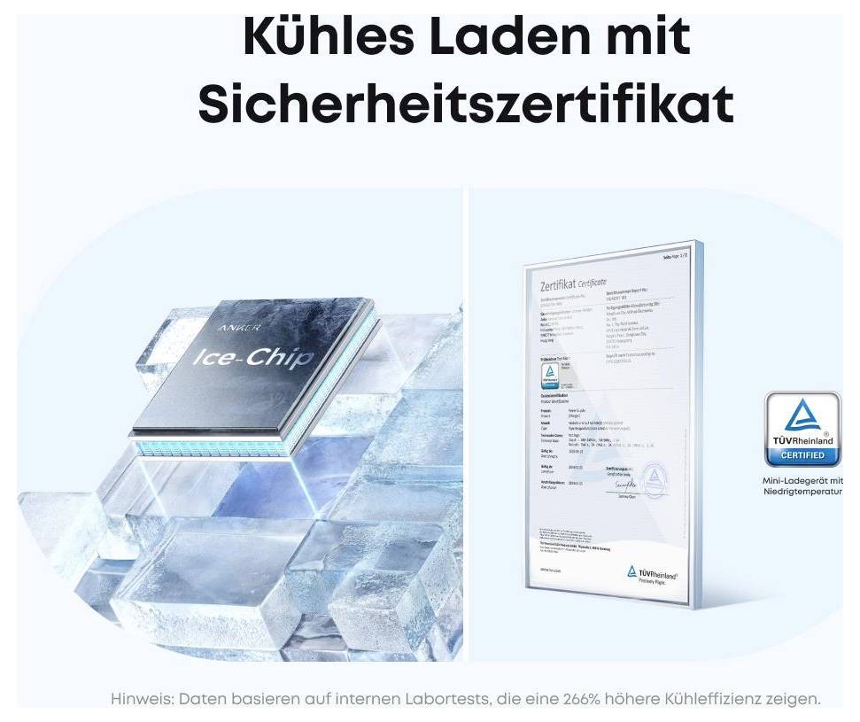 Advertentie voor 'Ice-Chip' met een koelopslagchip op ijsblokken en een TÜV Rheinland-veiligheidscertificaat, met Duitse kop 'Koel laden met veiligheidscertificaat'.