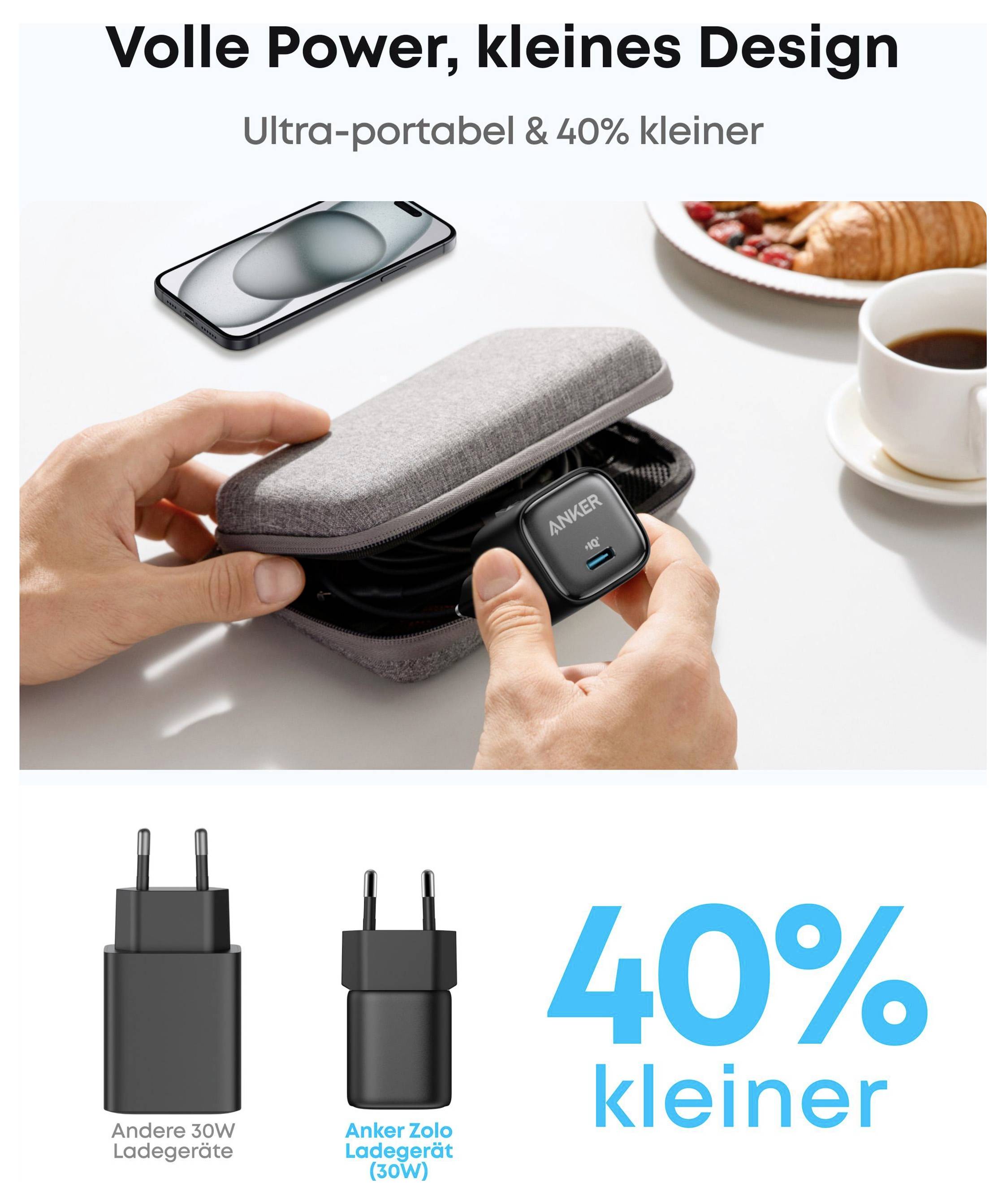 Promotionele afbeelding voor Anker Zolo-oplader en koffer, met een ultraportabel ontwerp dat 40% kleiner is dan andere 30W-opladers, met telefoon, koffie en reiskoffer.