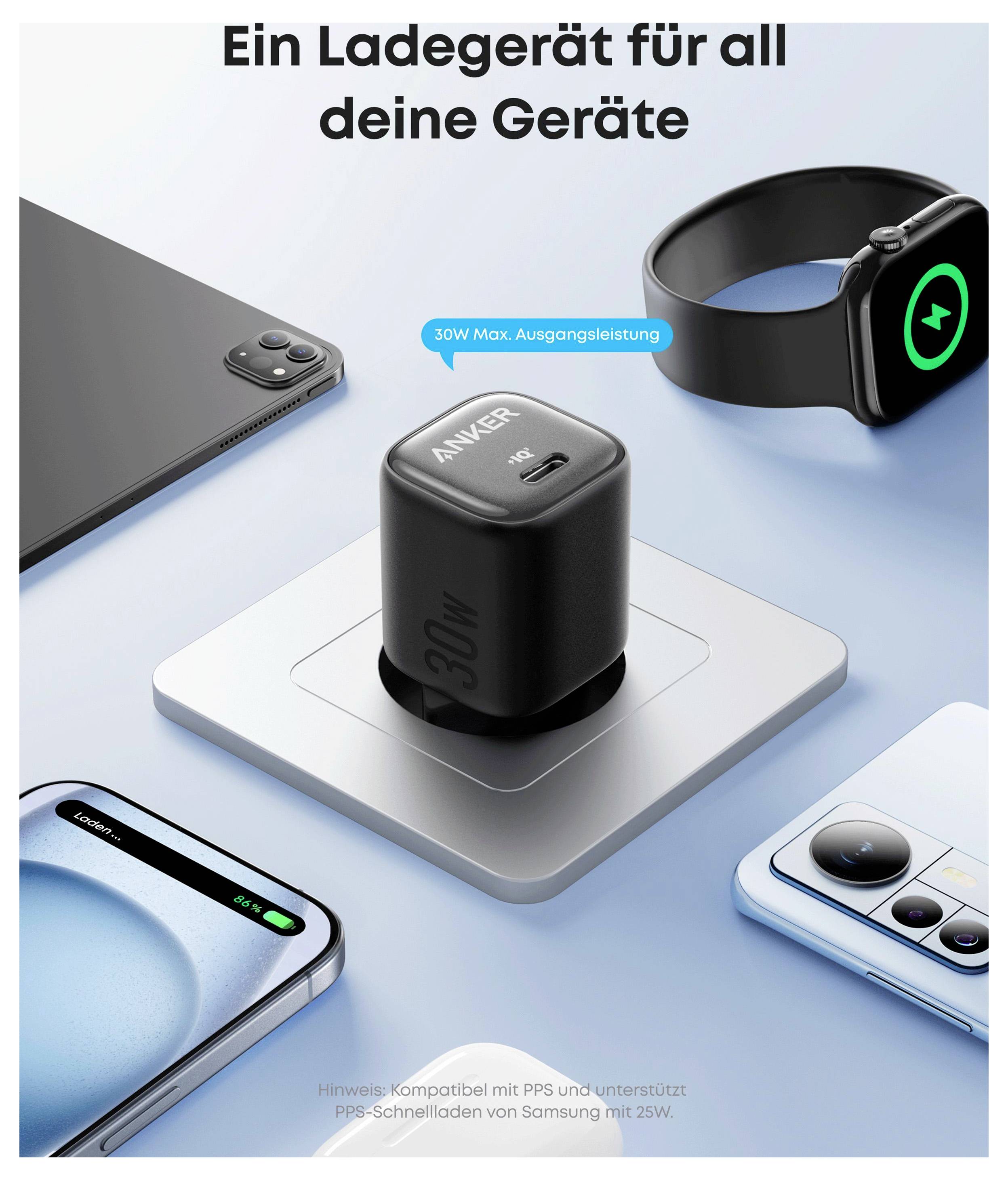 Anker 30W-lader gecentreerd op een platform, omringd door een telefoon, horloge, oordopjes en een ander apparaat; kopzegel zegt 'Eén lader voor al je apparaten' en een label luidt '30W max. uitgangsvermogen'.