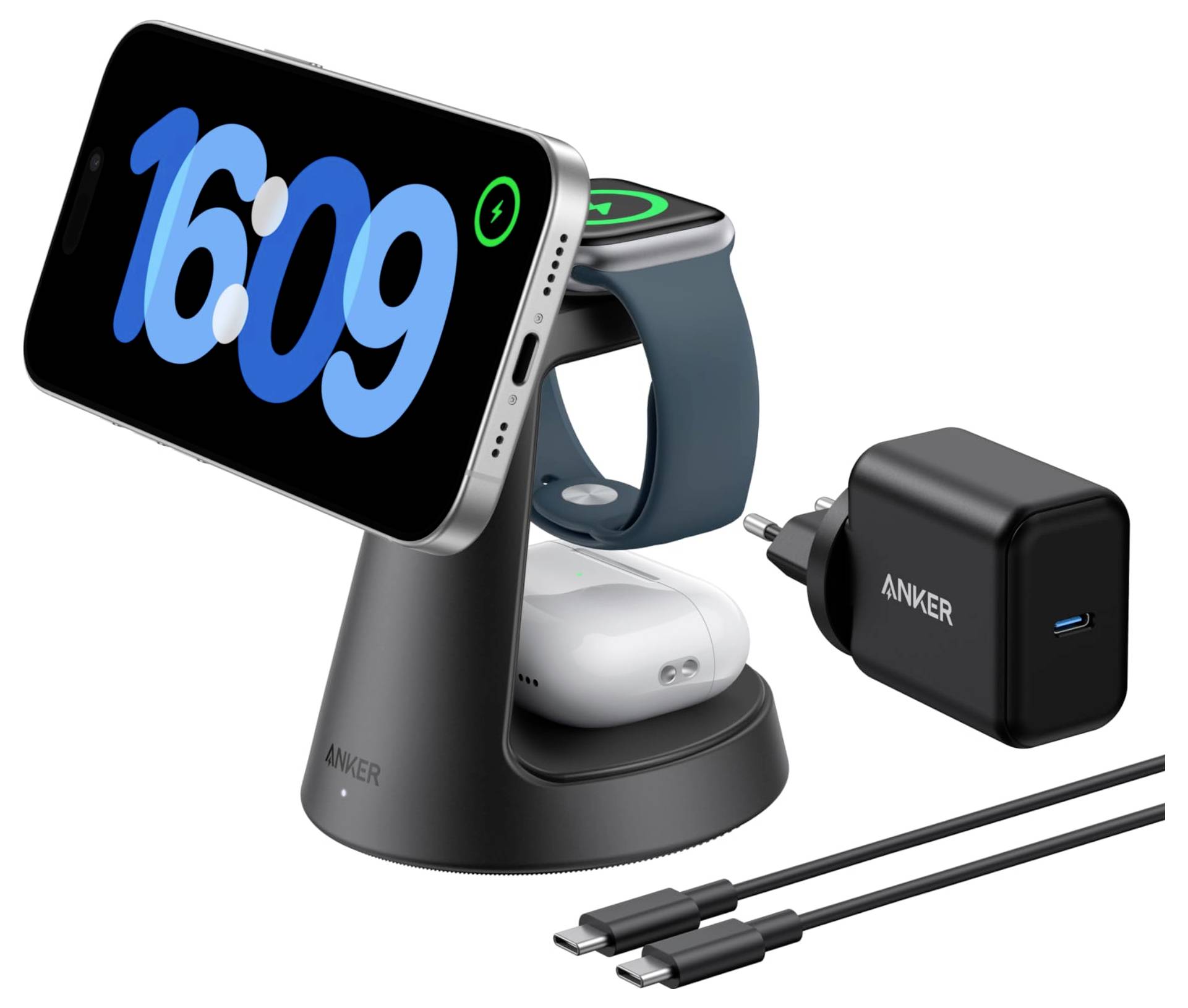 Anker 3-in-1 oplaadstation met iPhone, Apple Watch, AirPods, wandlader en USB-C-kabel; telefoon toont 16:09.