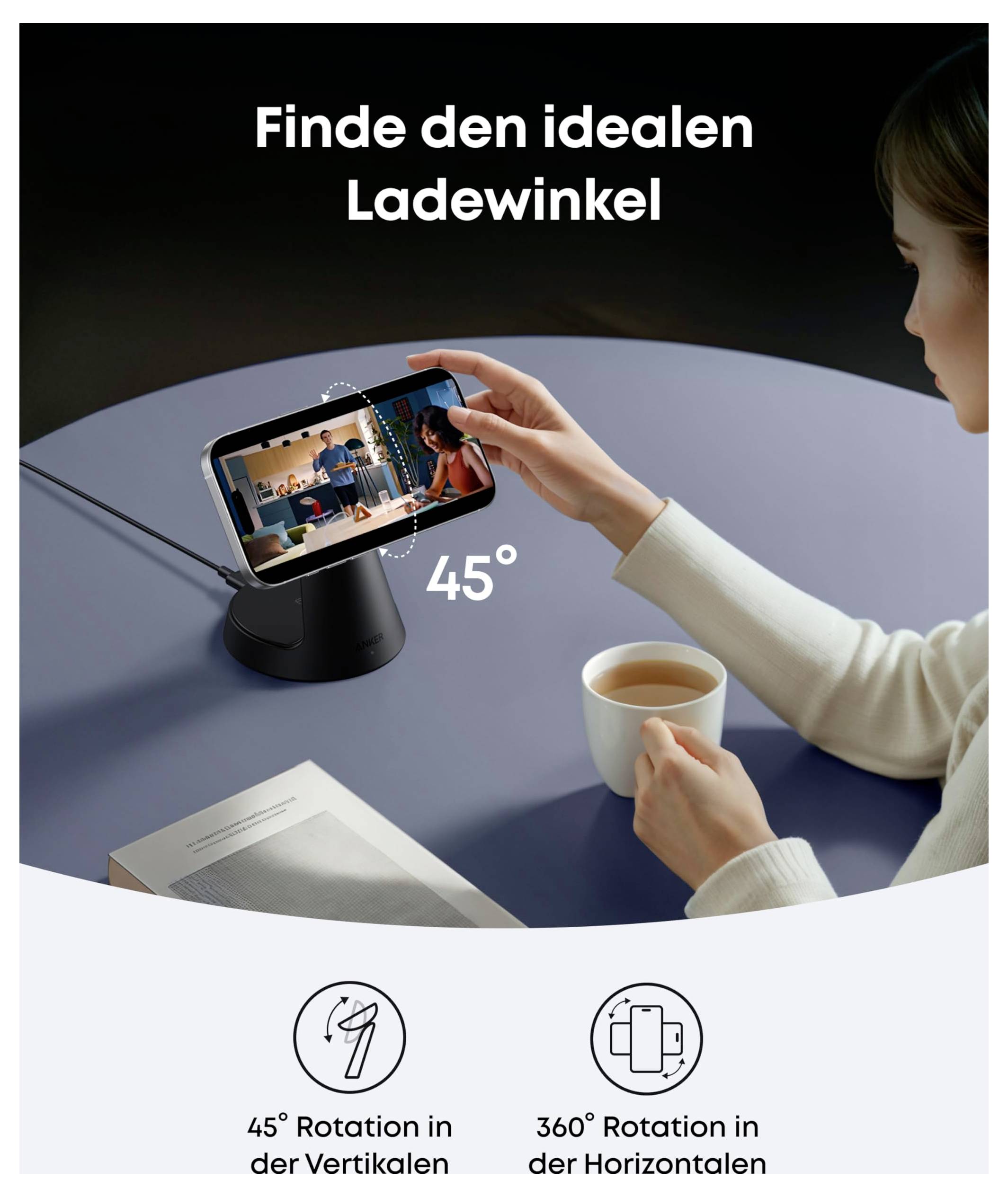Promotionele afbeelding met een telefoon in een standaard onder 45° voor ideaal kijken, met Duitse tekst 'Vind de ideale laadhoek' en pictogrammen die 45° verticale rotatie en 360° horizontale rotatie aangeven.