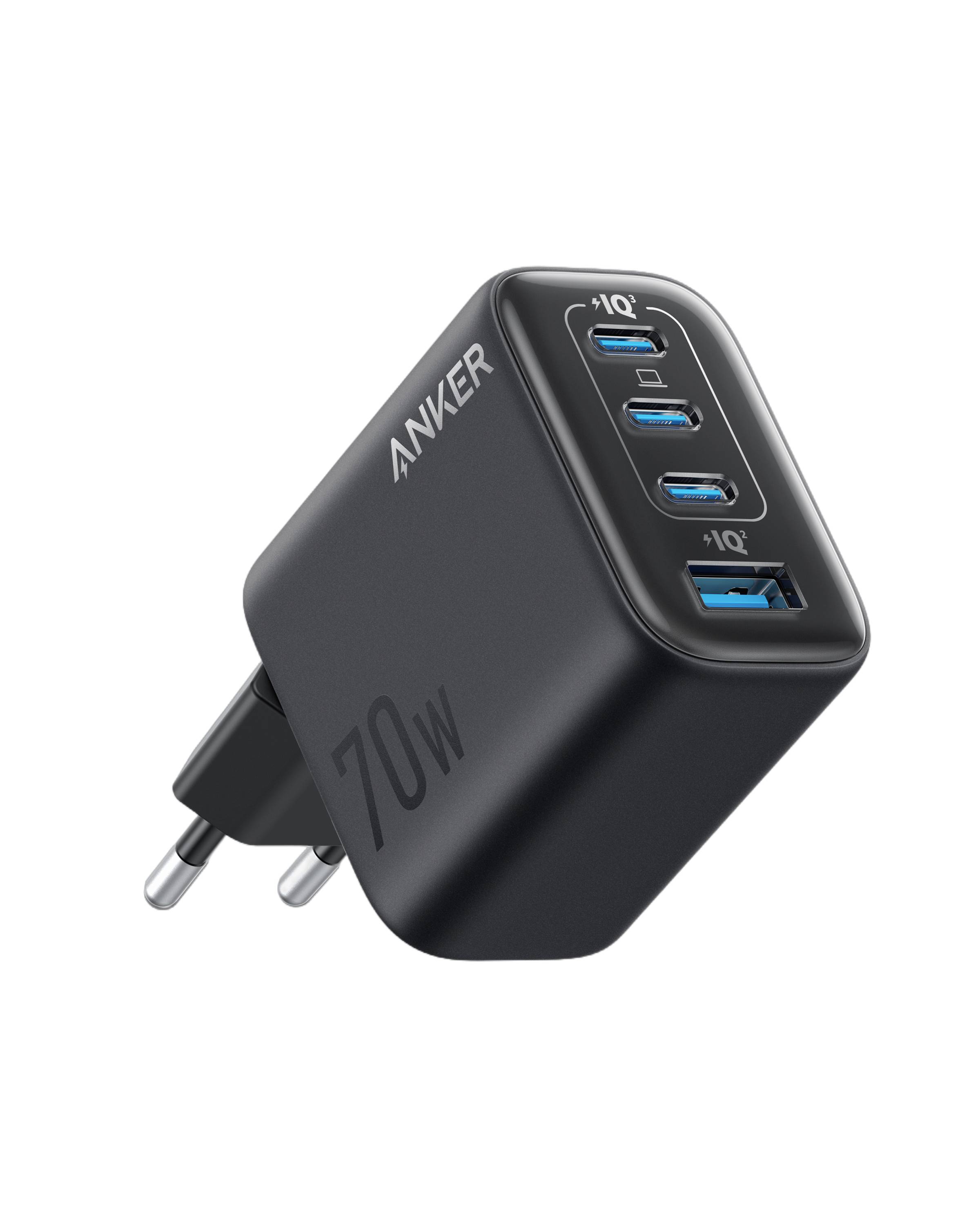 Zwarte Anker 70W wandlader met drie USB-C-poorten en één USB-A-poort, weergegeven onder een hoek op een witte achtergrond.