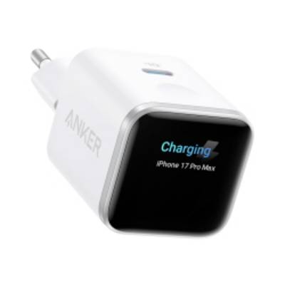 Witte Anker wandlader met een digitaal frontdisplay dat 'Charging' en 'iPhone 17 Pro Max' toont.