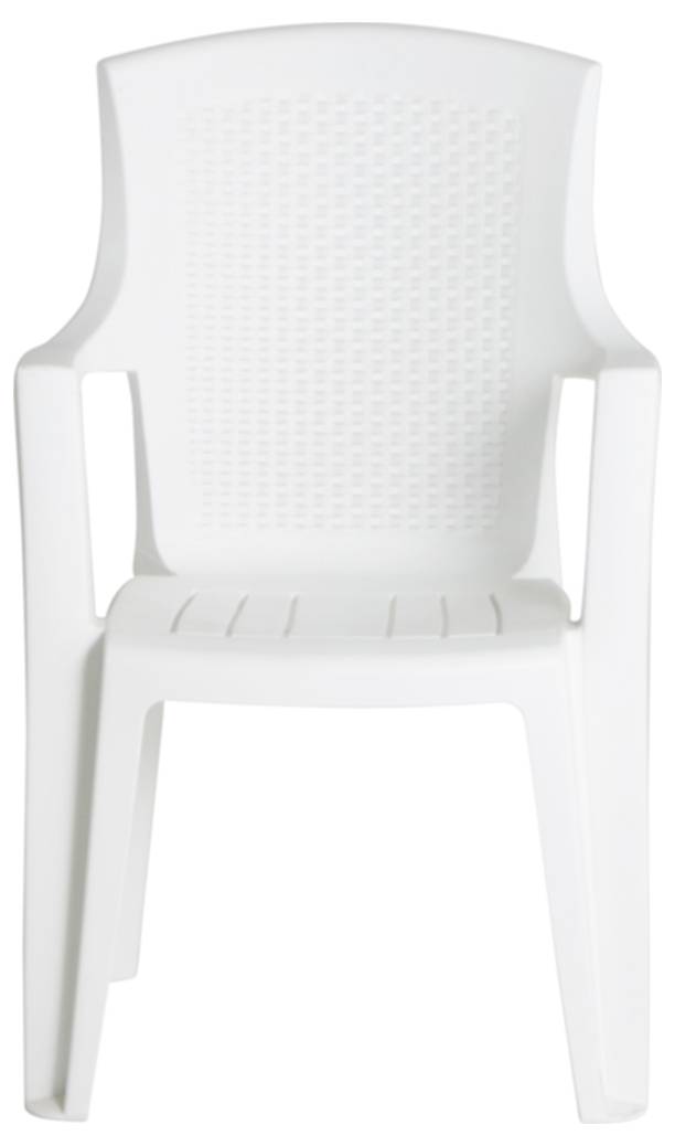 Witte kunststof fauteuil met geperforeerde rugleuning en armleuningen, weergegeven in vooraanzicht op een effen achtergrond.
