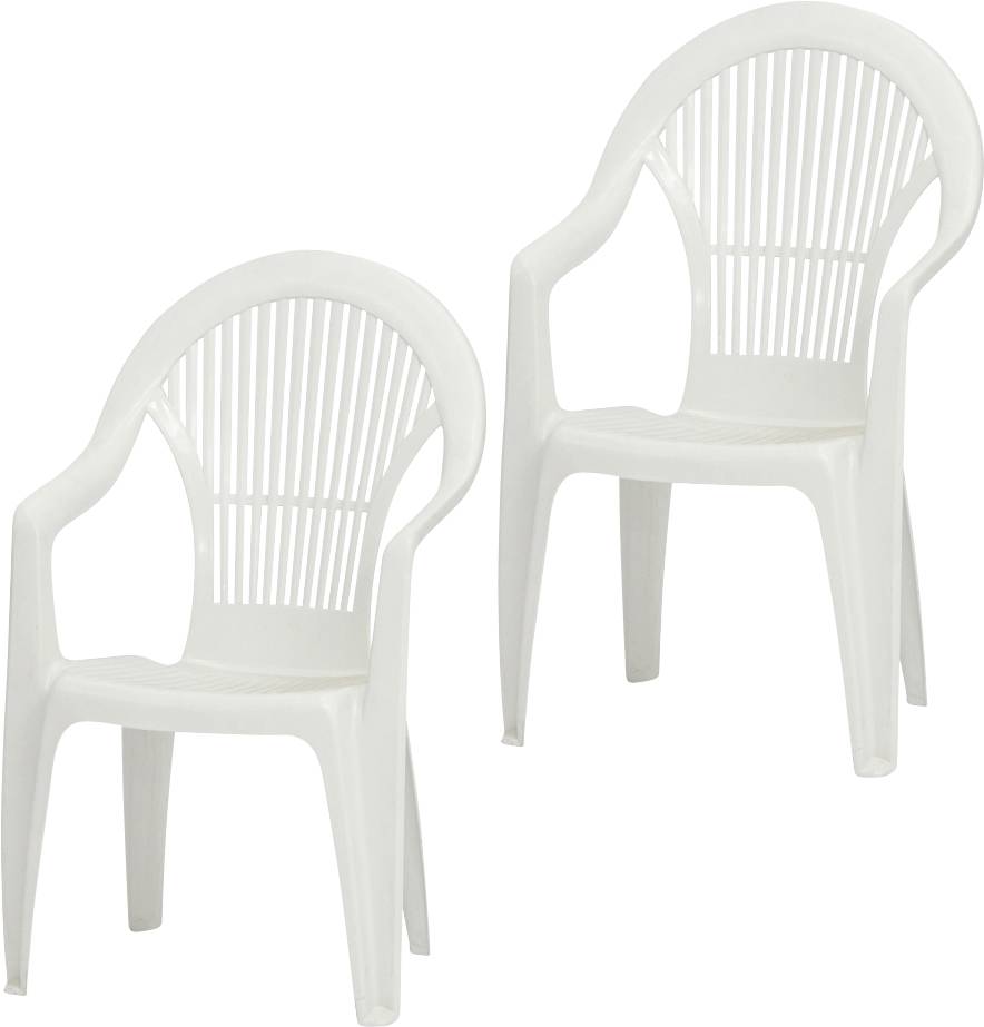 Twee witte kunststoffen fauteuils weergegeven naast elkaar, één kleinere vooraan en één grotere erachter, op een effen witte achtergrond.